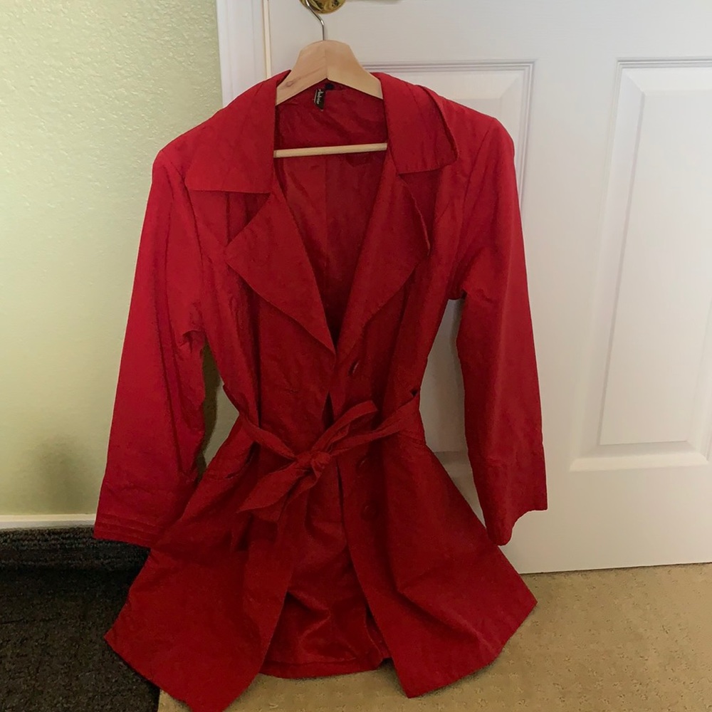 Red trench coat great condition, size petite L, goes to knees. Perfect for Xmas!